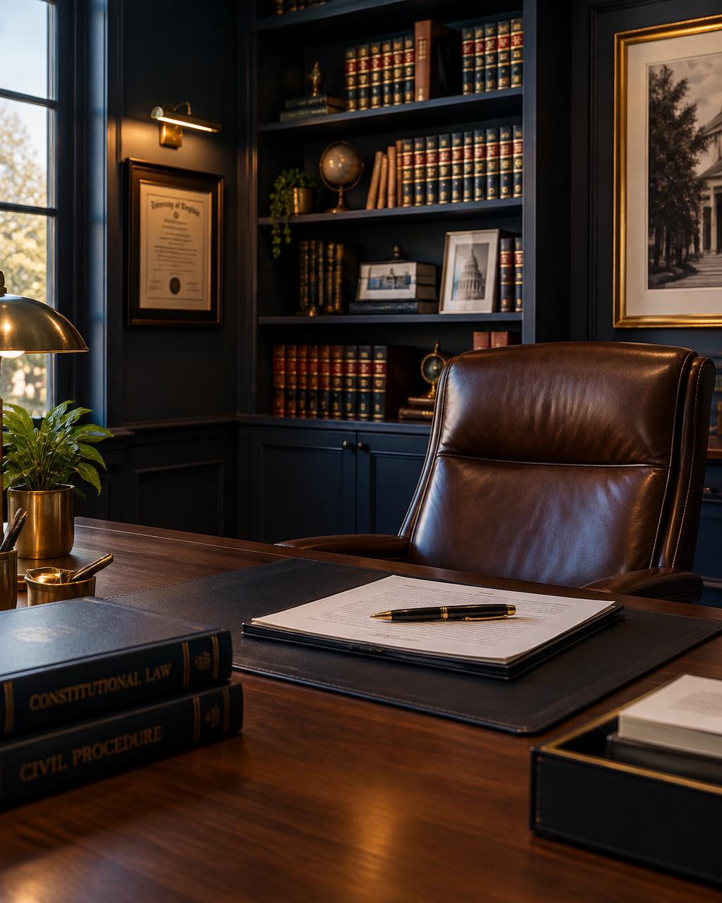 Elegant legal office with bookshelves and a desk